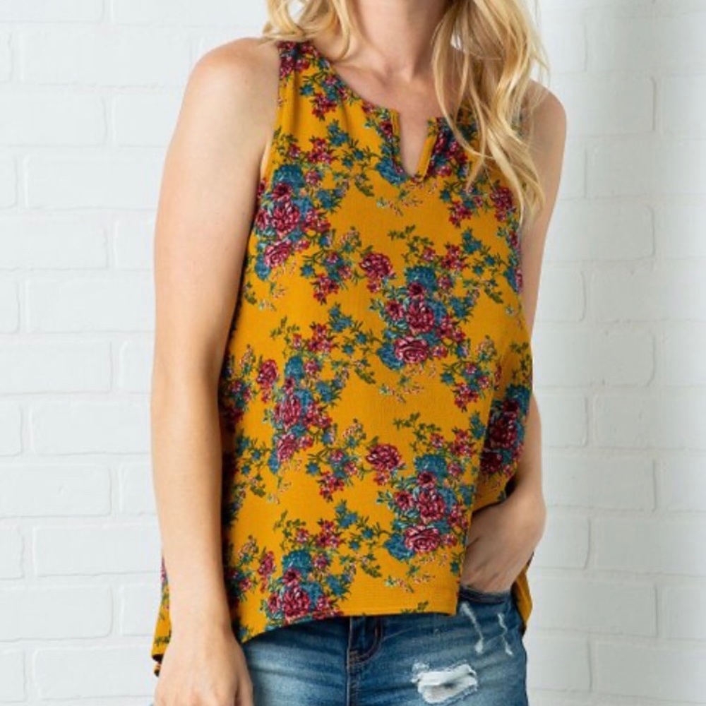 Mustard Floral Sleeveless Notch Neck Top